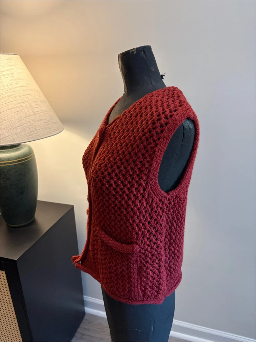 NWT Vigoss Office Career Deep Red Crochet Knit Button Vest Gold Buttons Large